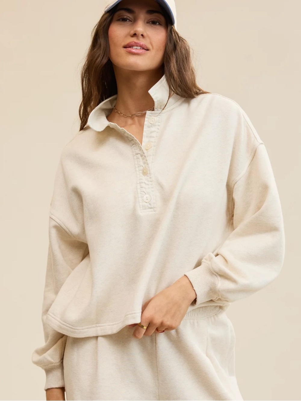 NWT Aerie Heather Frost Cream First Class Cozy Relaxed Collared Sweatshirt